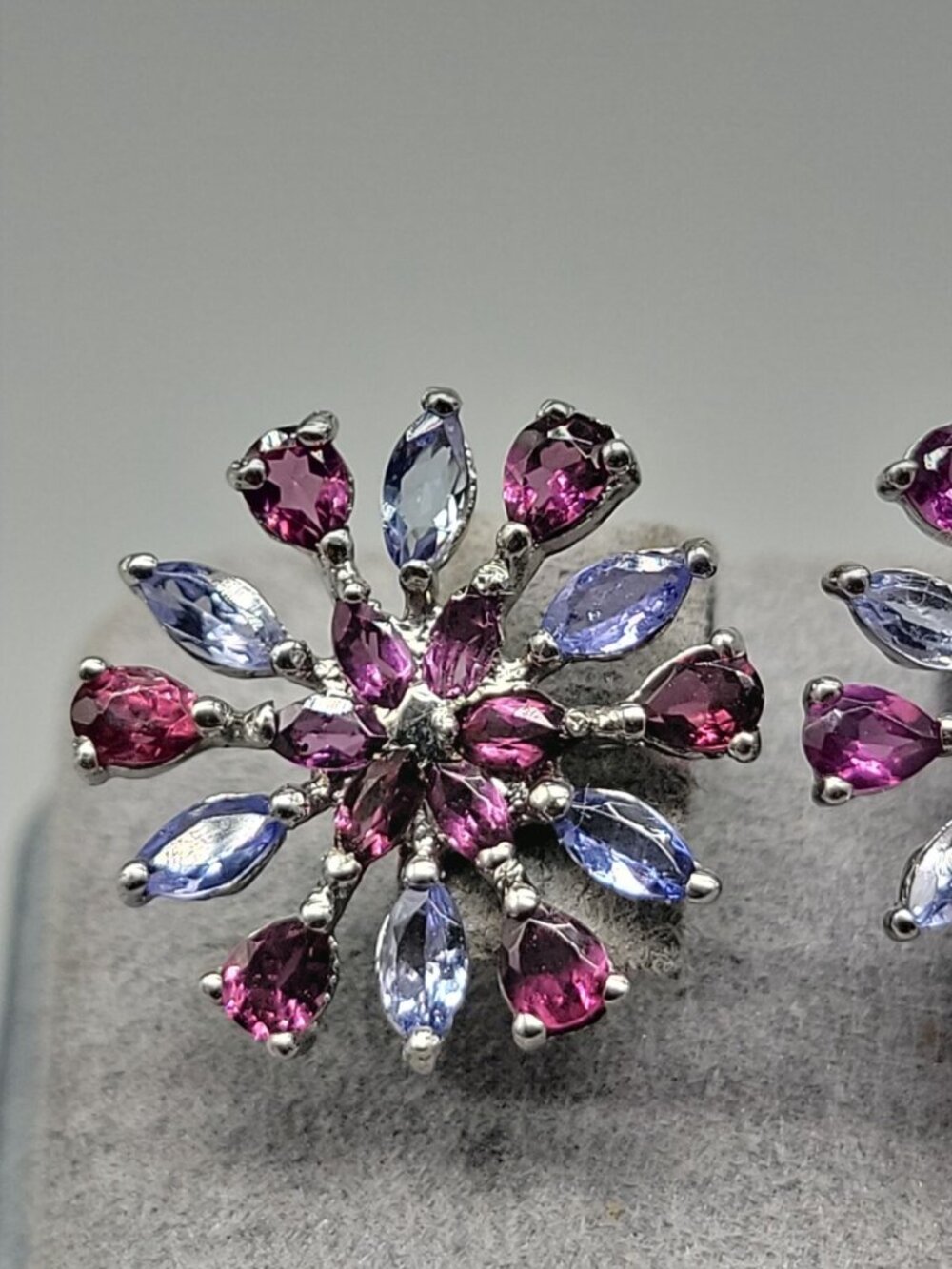 Sterling Silver Tanzanite Rhodolite Garnet Snowflake Starburst Cluster Earrings - Picture 5 of 10